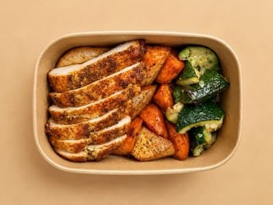 Moroccan chicken breast, 150g sweet potato 100g, zucchini 80g