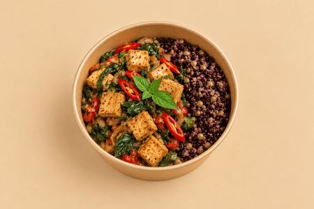 Walnut–Tofu Krapow + Riceberry & Lentils