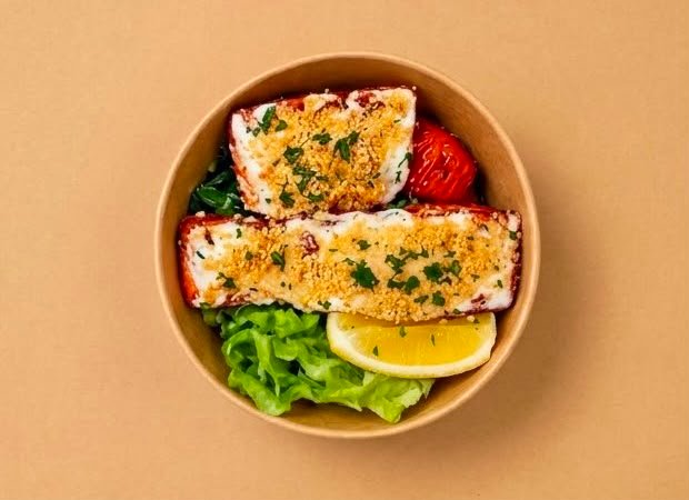 Almond Crusted Salmon with oven roasted carrots And 80 g spinach