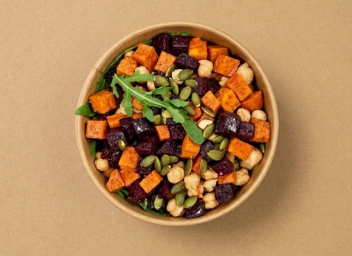 Beetroot, Sweet Potato & Chickpea Salad with Feta and Wild Rocket Apple cider vinegar dressing