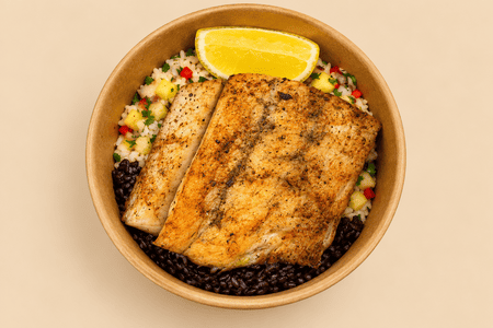 Jerk Seabass with Coconut Rice & Pineapple Salsa