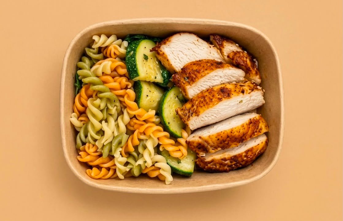 Moroccan chicken breast 150g   Whole-wheat semolina pasta, Zucchini 80g