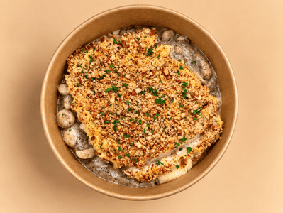 Pecan-Crusted Chicken Breast with Mushroom Cream Sauce