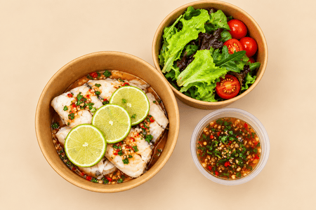 Steamed Seabass with Thai Herb Dressing & Organic Salad Leaves