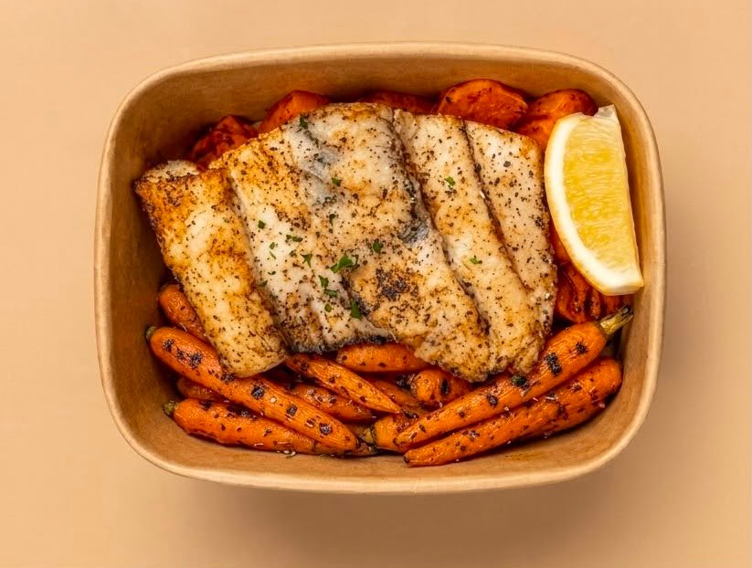 Mahi mahi grilled with lemon & oregano 150g  Sweet potato100g  roasted carrots 80g